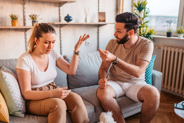 Couple are quarreling at home stock photo