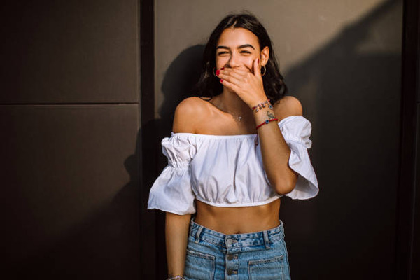 Portrait of Cheerful Cute Italian Woman stock photo